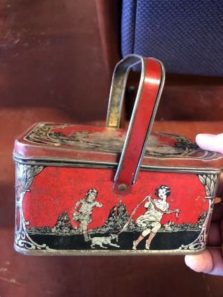Vintage Tin Litho Lunch Box Pail With Handle & Hinged Lid Children Playing Dog