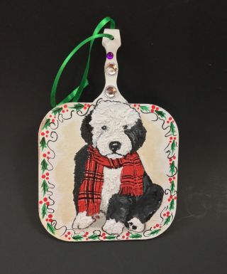 Old English Sheepdog Pup Hand Painted Mixed Media Christmas Ornament Unique I