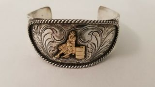 " Rare " Vintage Vogt Elk Creek Sterling & 14k Western Cuff Bracelet - Old Mexico