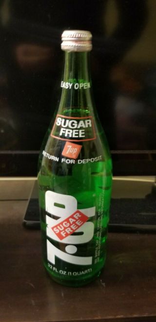 Old Vintage 1977 Sugar 7 - Up Beverages Soda Glass Bottle 1 Quart 32 Oz.  Full