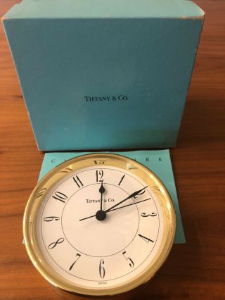 Vintage Tiffany & Co Round Brass Clock.  Swiss.  215728.  3.  5” Diameter