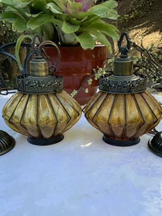 2 Vintage Amber Glass Hanging Lights Lamps Gothic Metal Long Chain Cord Pair