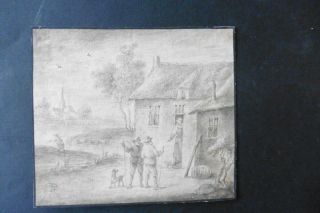Flemish School 17thc - Peasants Near A Farmhouse - Ink Drawing Monogr.  Teniers