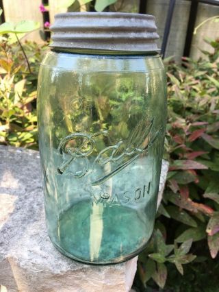 Vintage Ball 3 - L Triple L Green Mason Slope Shoulder Jar Quart W/ Lid