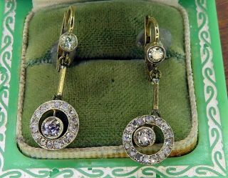 Vintage 18k Gold & Palladium Old Mine European Cut Diamond Halo Drop Earrings