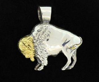Vintage Silver Buffalo Pendant Charm Sterling.  925 & 24k Gold Accent Large Size