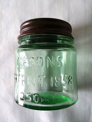 Masons Patent 1858 1/2 Half Pint " Green Midget " Mason Jar