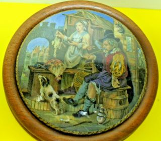 Old Antique Victorian Collectable Wooden Framed Drunken Smoker Coloured Pot Lid