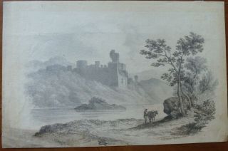 Edward Seager Pencil Drawing (1809 - 1886),  Castle On A River With Figure