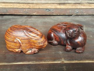 A Hand Carved Natural Solid Wood Tree Vintage Rabbit Bunnies