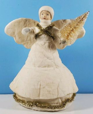 Vintage Snow Angel Tree Topper Paper Mache Cotton Batting Golden Garland 10.  5 "