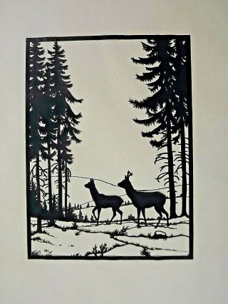 Vintage German Paper Cut Silhouette - Deer In Forest