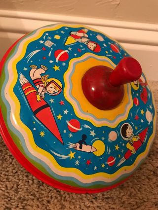 Vintage J.  Chein Tin Litho Red Wood Handle Spinning Top Toy Space Rockets