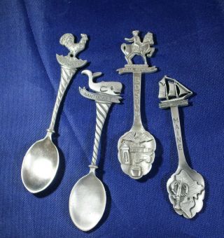 Vtg 4 Pewter Souvenir Spoons W Figurine Handle Delaware,  Maine,  Boston,  Nantucke