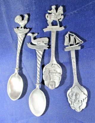 Vtg 4 PEWTER Souvenir Spoons w FIGURINE Handle Delaware,  Maine,  Boston,  Nantucke 2