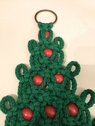 2 Vintage Green Macrame Christmas Tree Wall Hanging Red Wooden Beads Retro 70’s 3