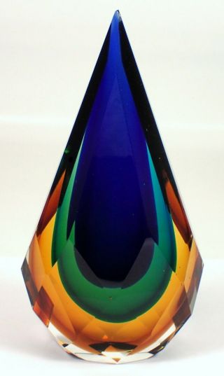 Fine Vtg Murano Italy Sommerso Art Glass Faceted Teardrop Paperweight Sculpture