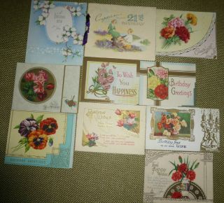 10 X Vintage Birthday Greetings Cards Flowers 1 X Push Out 3d 1940s 3 X