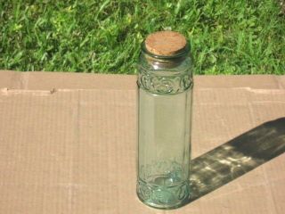 One 11 1/2 " High Green Glass Vessel With Cork Lid And In Good Shape