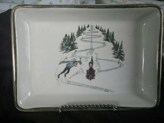 Delano Studios Trinket Dish Coin Tray Hand Colored Vintage Skiing 1962 Rectangle