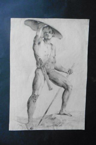 French Neoclassical School 1839 - Fine Study Male Nude - Warrior - Sign.  Charcoal