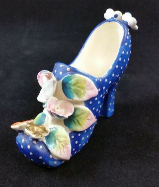Vintage Porcelain Blue Polka Dot High Heel Shoe With Flowers Acme China Japan