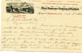1899 Letter Signed W R Dehon Summerville Sc Agent Aetna Ins Co Of Hartford