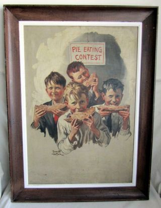 Vintage " Pie Eating Contest " Oil Painting On Canvas By Emmett Watson