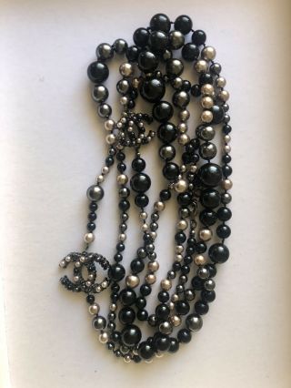 Chanel Classic Cc Long Necklace Black Beads & Pearls - Vintage Jewelry