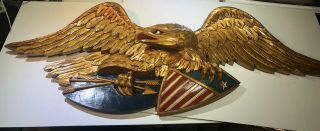 Vintage 19th C 43” Folkart Wood Carved American Gold Eagle American Flag Bellamy