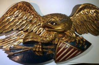 Vintage 19th C 43” FolkArt Wood Carved American Gold Eagle American Flag Bellamy 2