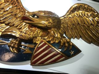 Vintage 19th C 43” FolkArt Wood Carved American Gold Eagle American Flag Bellamy 3