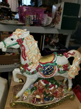 Sankyo Christmas Rocking Horse Wind Up Music Box Porcelain Large
