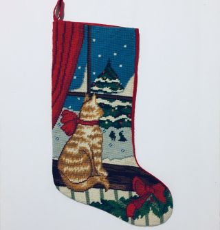 Vintage Completed Christmas Kitty Cat Red Bow Needlepoint Finished Stocking 20”