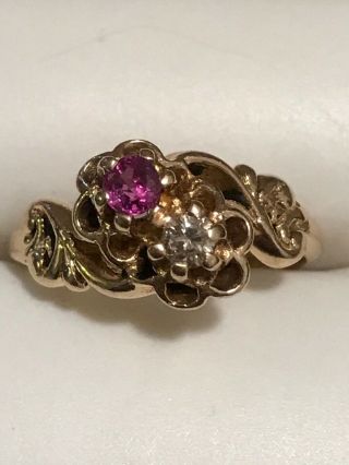 Lovely 14k Ladies Vintage Floral Diamond And Ruby Ring Size 4.  75 - $98