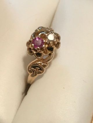 Lovely 14k Ladies Vintage Floral Diamond and Ruby Ring Size 4.  75 - $98 2