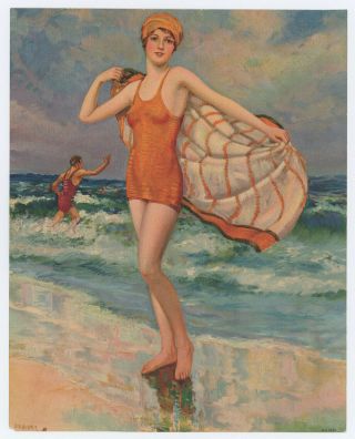 Vintage 1920s F.  R.  Harper Bathing Beauty Pin - Up Print Breezy Day At The Beach