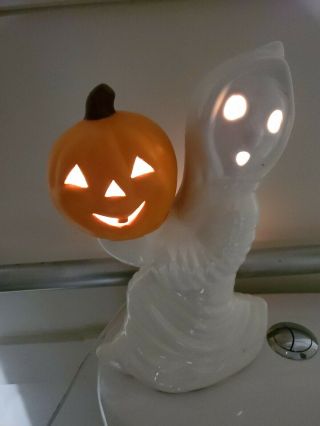 Vintage Ceramic Ghost Holding Pumpkin 12” Light Up Halloween Decor Glowing Eyes