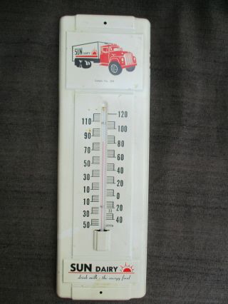 Vintage 1960s Sun Dairy Farm Milk Truck Tin Or Steel Advertising Thermometer