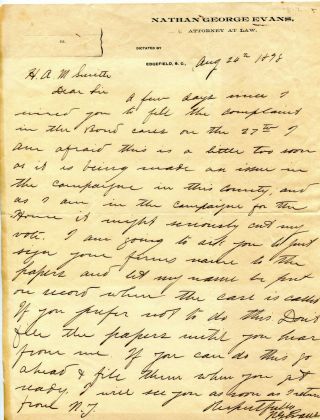 1898 Nathan George Evans Attorney Edgefield Sc Signed Letter To H A M Smith Chas