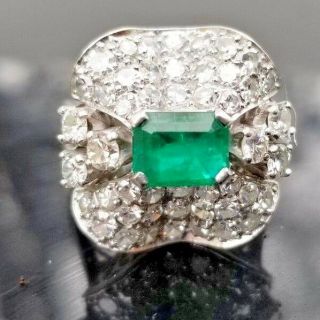 Gorgeous Vintage Rich Green Emerald Diamond 14k White Gold Ring