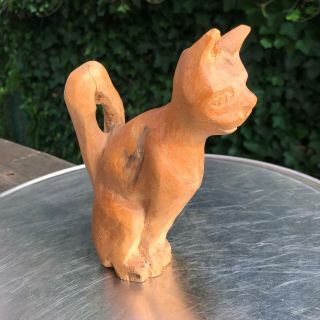 8 - 1/2 " Hand Carved Wood Cat Folk Art Whittling Statue Hard Rock Maple