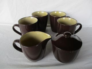 Broyhill Suger & Creamer W/ 4 Cups Dark Brown & Beige