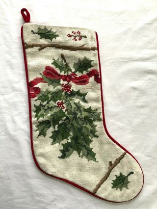 Vintage Completed Handmade Needlepoint Red Green White Holly Christmas Stocking