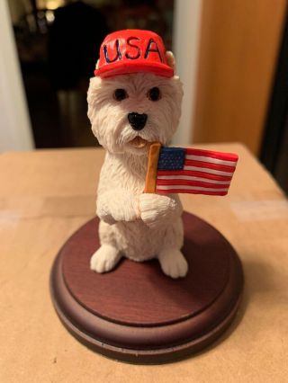 Usa West Highland Terrier Westie Dog Holding Flag W Base Patriotic Rare Retired
