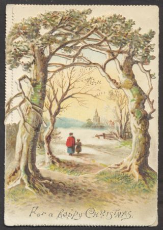 C8118 Victorian 2 Tab Folding Die Cut Xmas Card: Winter Scene Through Trees