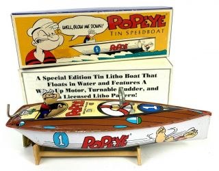 Schylings 1994 Popeye Tin Speedboat And Wood Stand