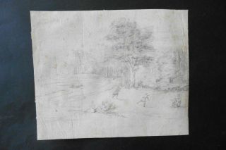 French School Ca.  1800 - Animated Neoclassical Landscape - Charcoal Drawing