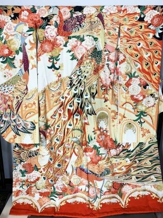 Furisode Kimono Robe L Size Silk Floral Design Wedding Dress Vintage Showa F/s