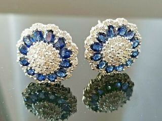 Vintage Statement Blue Sapphire Diamond Cluster 14k White Gold Earrings